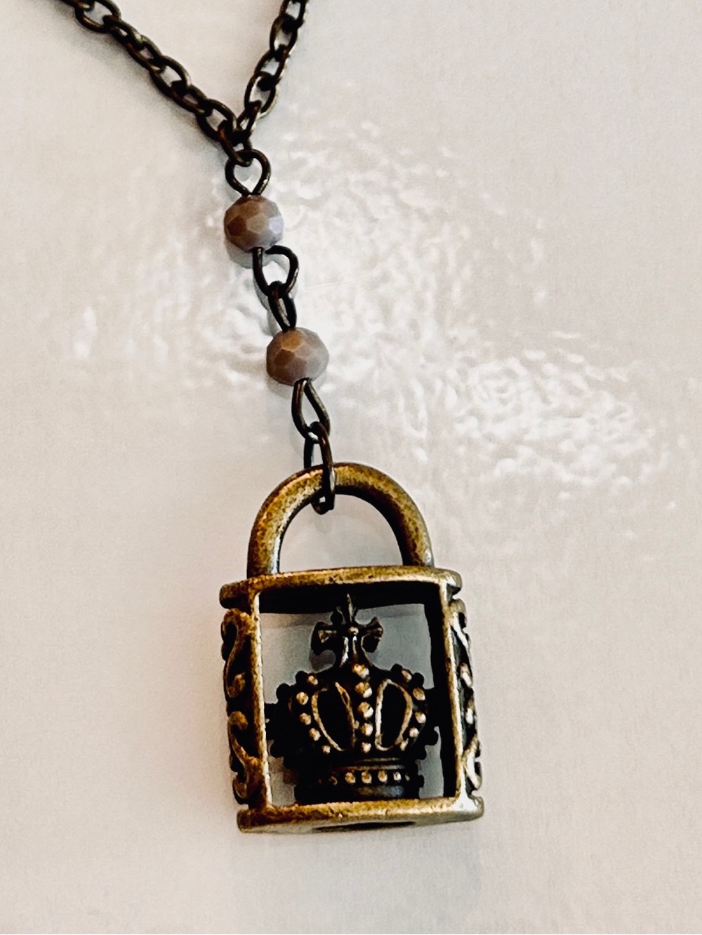 Antique Gold Padlock Crown Pendant 30 inch Necklace - Women Jewelry
